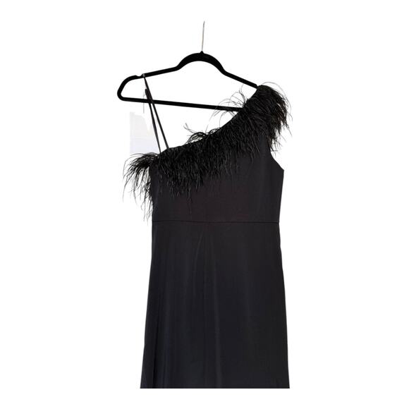 Mac Duggal 68147 One Shoulder Draped Length Dress Feather Trim Black Size 10 NWT - Picture 9 of 16